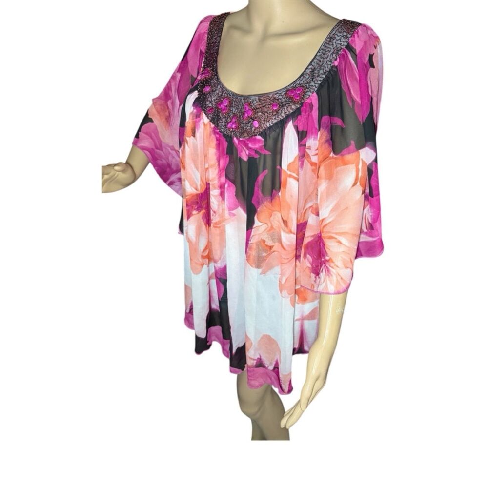 Avenue Pink Orange black Floral Embroidered Flowing beaded Scoop Neckline 18/20